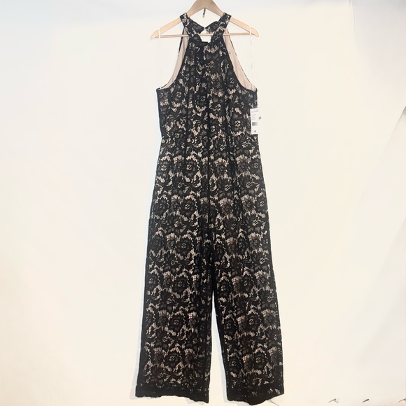 NWT Julia Jordan Black Floral Lace Halter Wide Leg Jumpsuit Size 16 - Picture 2 of 9